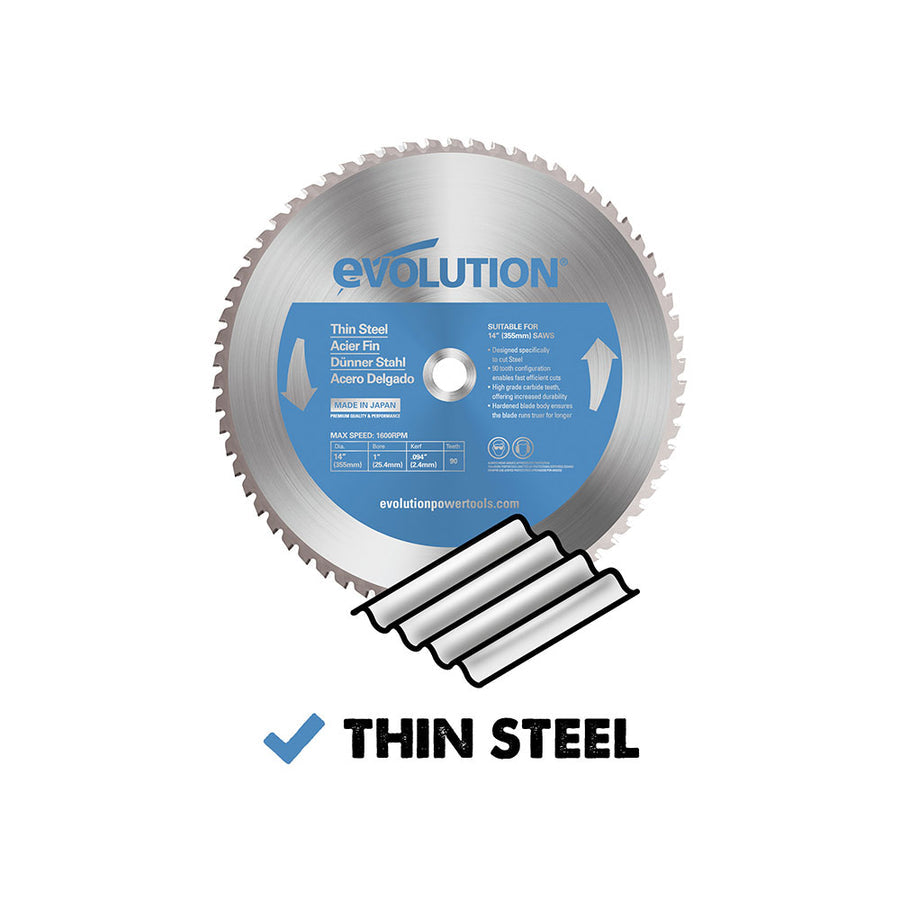 Evolution 14 In. 90T, 1 In. Arbor, Tungsten Carbide Tipped Thin Steel And Ferrous Metal Cutting Blade