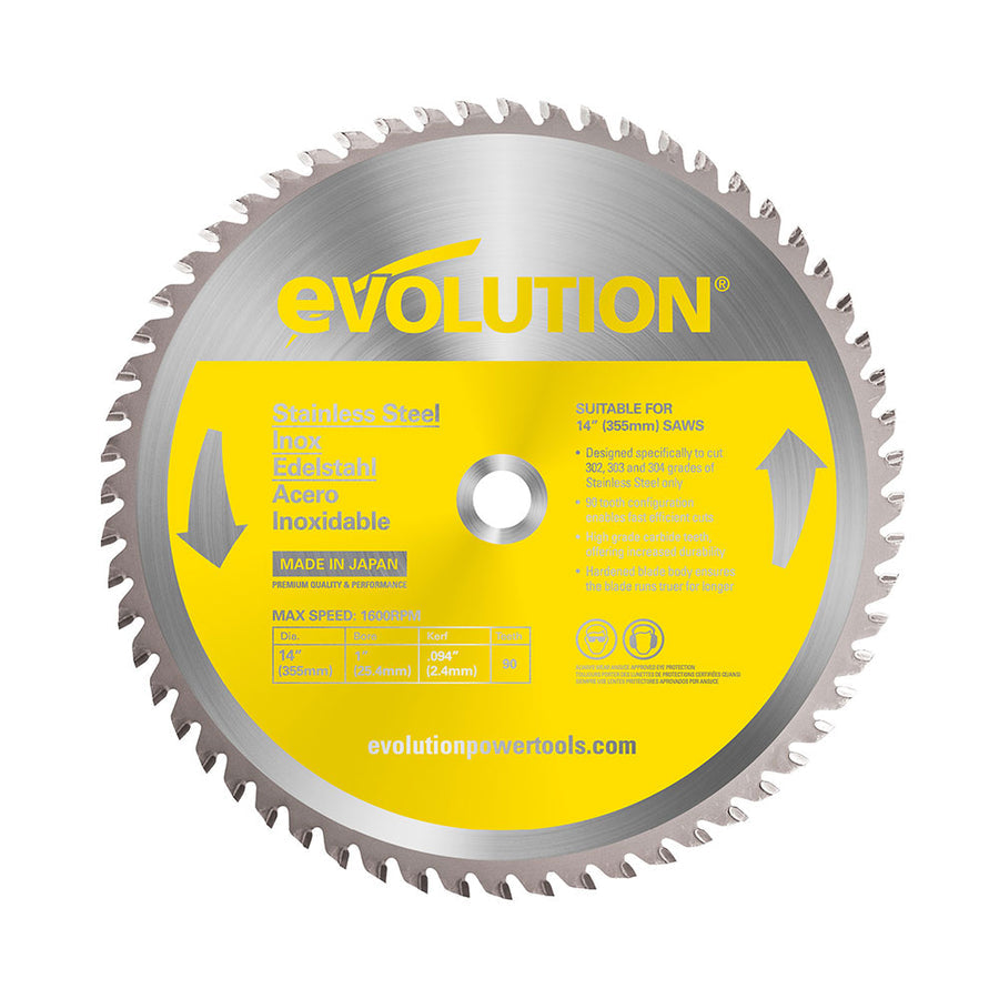 Evolution 14 In. 90T, 1 In. Arbor, Tungsten Carbide Tipped Stainless Steel Cutting Blade