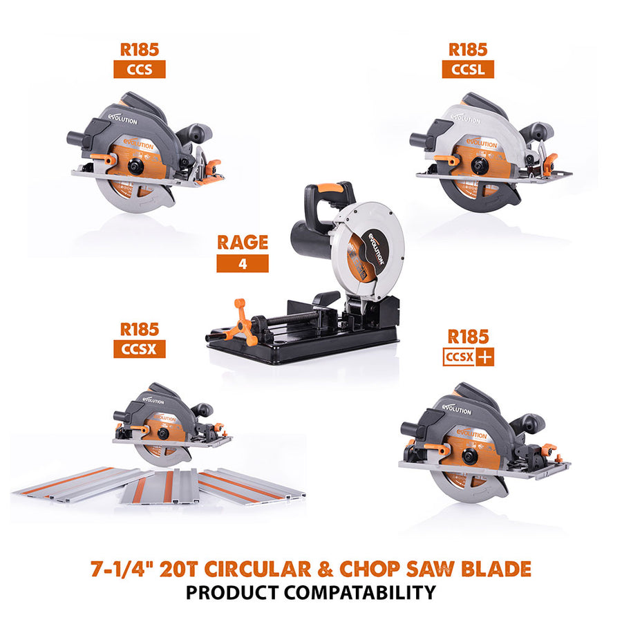 Evolution 7-1/4 In. 20T, 25/32 In. Arbor, Tungsten Carbide Tipped Multi-Material Cutting Blade Circular Saw & Chop Saw Blade