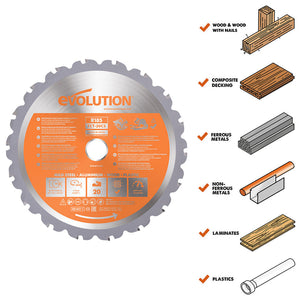 Evolution 7-1/4 In. 20T, 25/32 In. Arbor, Tungsten Carbide Tipped Multi-Material Cutting Blade Circular Saw & Chop Saw Blade